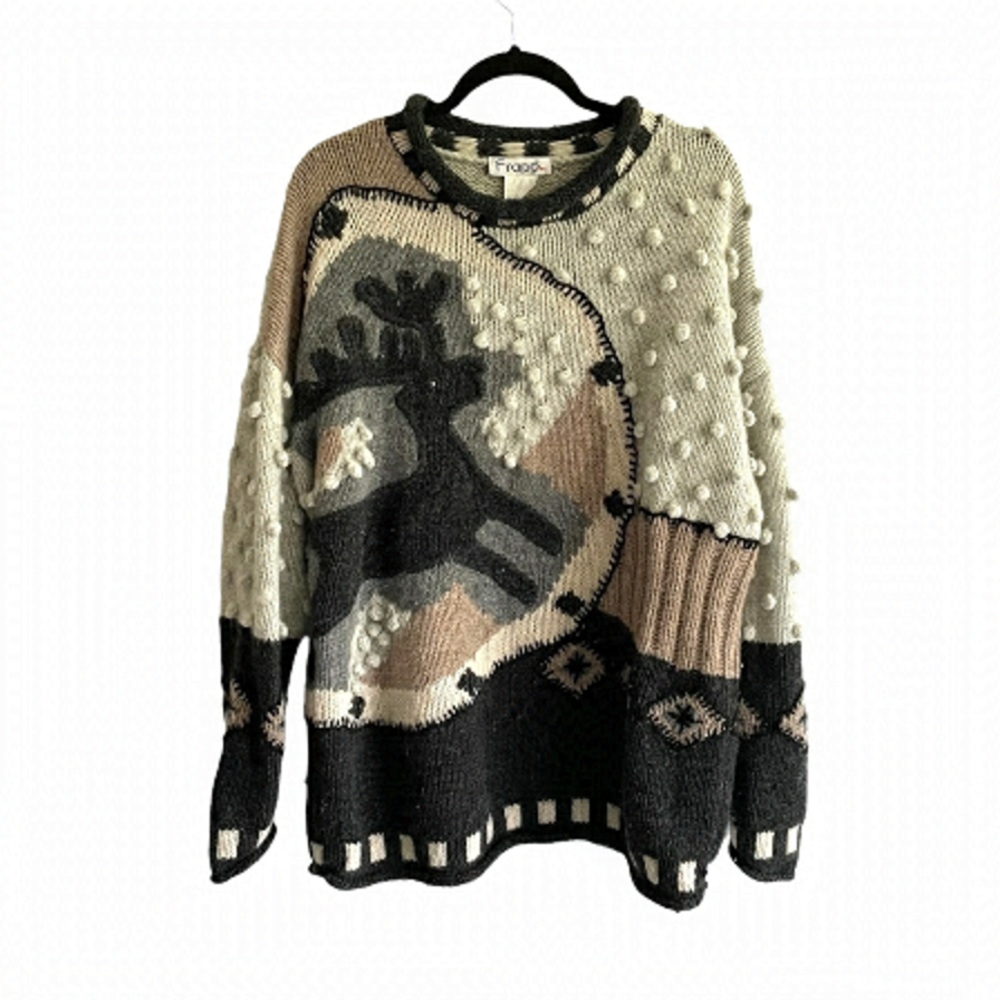 Vintage Wool Oversized Chunky Knit Sweater Deer Grey 42